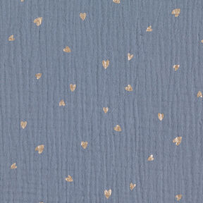 Mušelín / dvojitá mačkaná tkanina Srdíčka Fóliový potisk – modrošedá/zlatá metalická, 