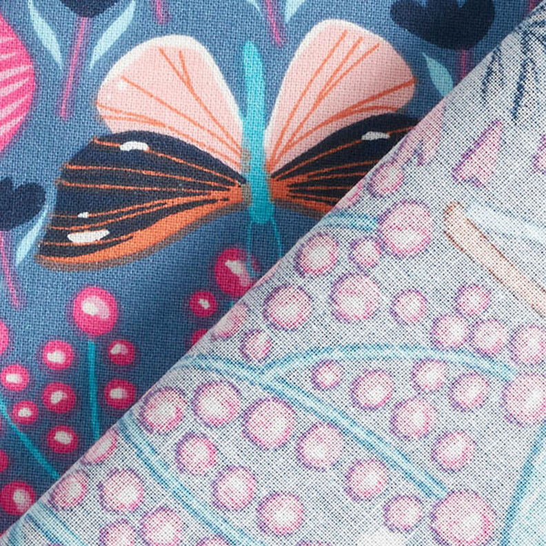 Bavlněná látka Kreton Motýli a květiny – modrošedá/pink,  image number 4