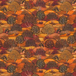 Dekorační látka polopanama s digitálním potiskem Krajina na podzim – bronzová/oranžová, 