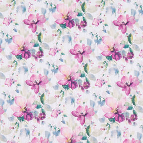 Mušelín / dvojitá mačkaná tkanina Akvarelové květiny digitální potisk – bílá/purpurová, 