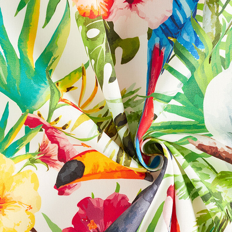 Látka pro venkovní použití Plátno Tropičtí ptáci – bílá/zelená,  image number 3