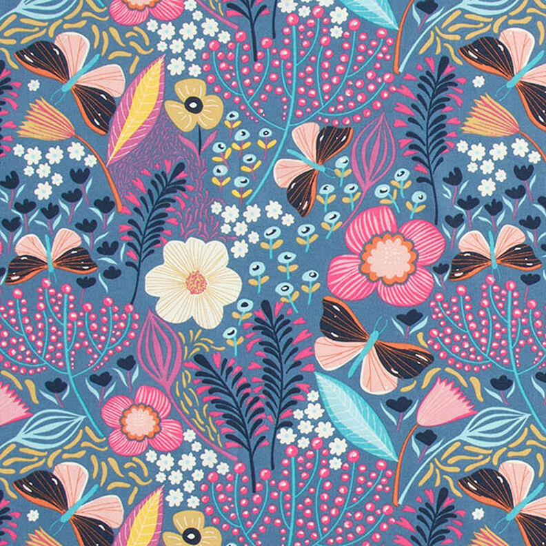 Bavlněná látka Kreton Motýli a květiny – modrošedá/pink,  image number 1