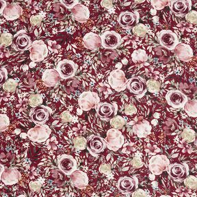Mušelín / dvojitá mačkaná tkanina Akvarelové růže digitální potisk – bordó, 
