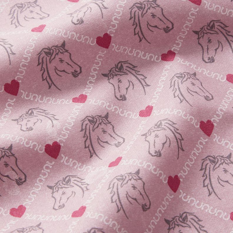 Bavlněná látka Kreton Koně a růžová srdce – růžová,  image number 2