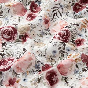 Mušelín / dvojitá mačkaná tkanina Akvarelové růže digitální potisk – bílá, 
