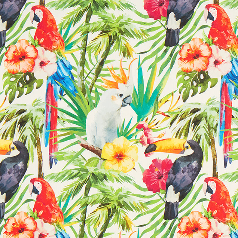 Látka pro venkovní použití Plátno Tropičtí ptáci – bílá/zelená,  image number 1