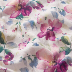 Mušelín / dvojitá mačkaná tkanina Akvarelové květiny digitální potisk – bílá/purpurová, 