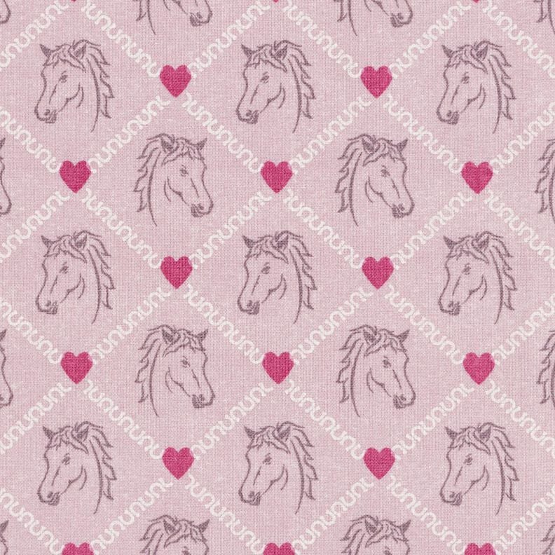 Bavlněná látka Kreton Koně a růžová srdce – růžová,  image number 1